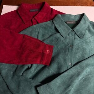 Relativity Women's Burgundy/Green Textured Button Up Shirts Long Sleeve Size L